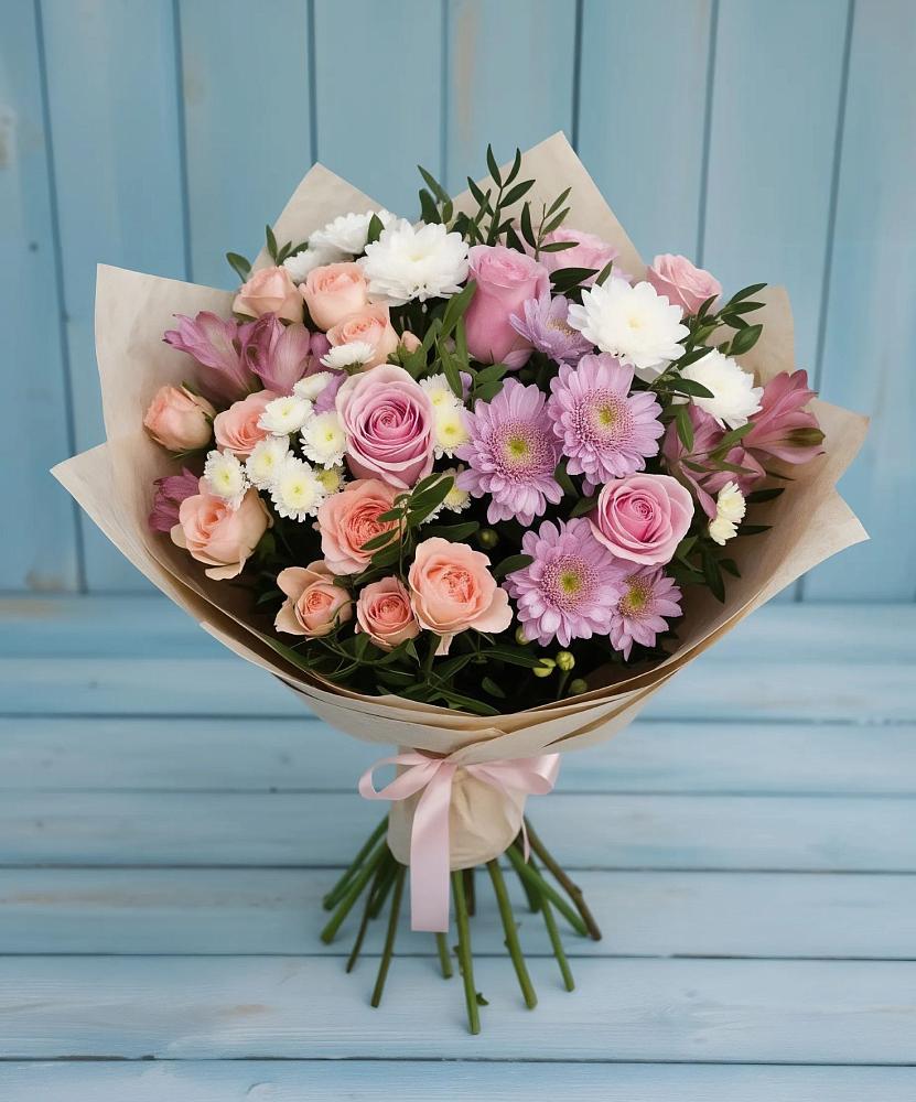 Букет цветов из: Хризантемы, Розы и Альстромерии в Прикубанский