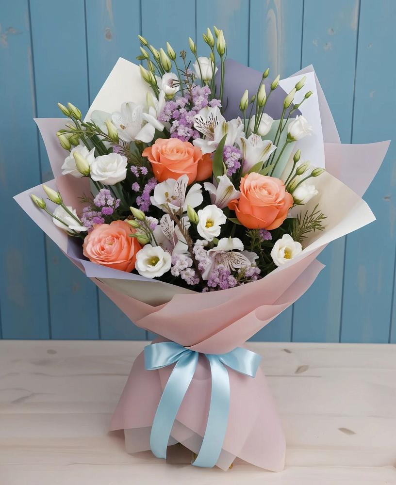 Букет цветов из: Лизиантусы, Розы, Альстромерии и Гипсофила в Прикубанский