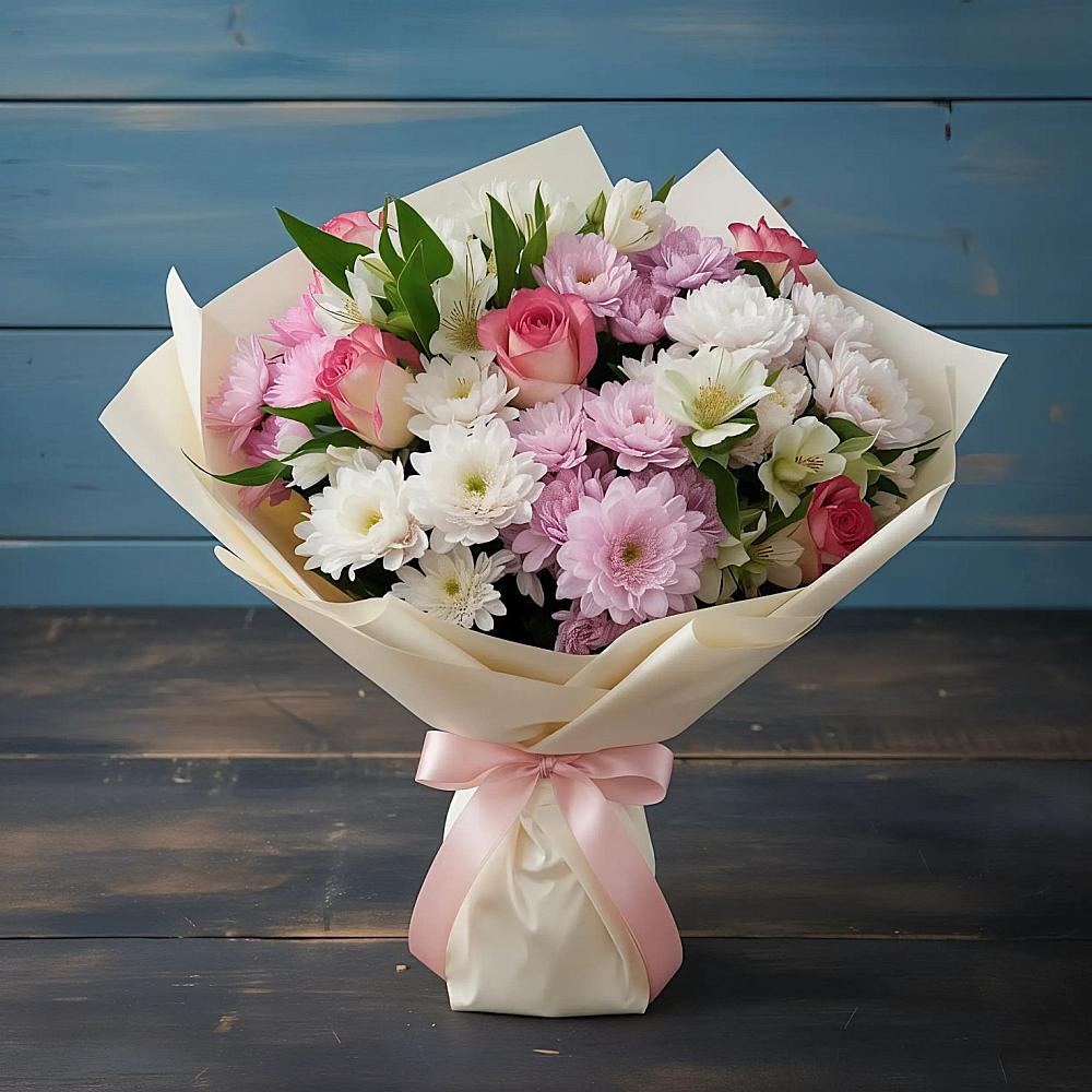 Букет цветов из: Хризантемы, Альстромерии и Розы в Прикубанский